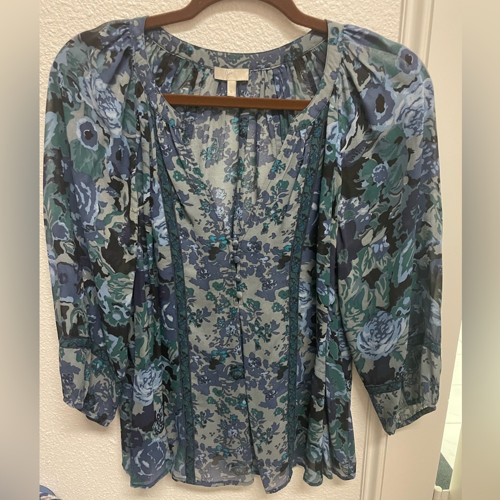 Joie Blue Floral Print Silk Blouse